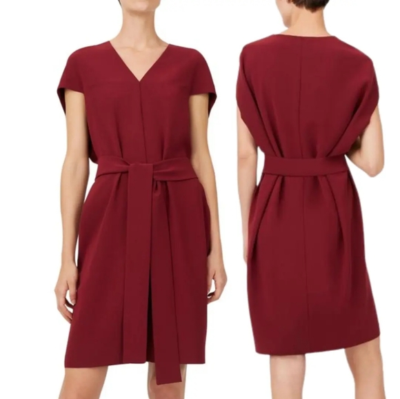 Club Monaco Red Vanellie Belted Short Casual Dress Size 4 Maroon V-Neckline - Picture 1 of 4